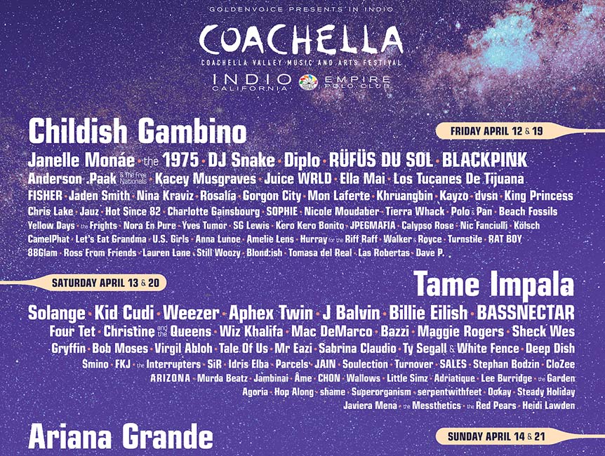 2019 Coachella Music and Arts Festival Lineup - Click to Enlarge