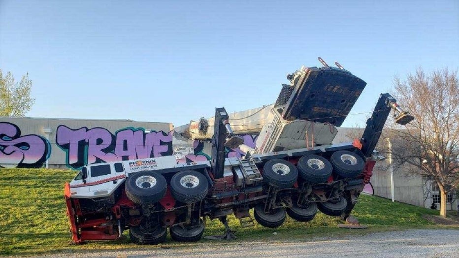 toppled ground crane