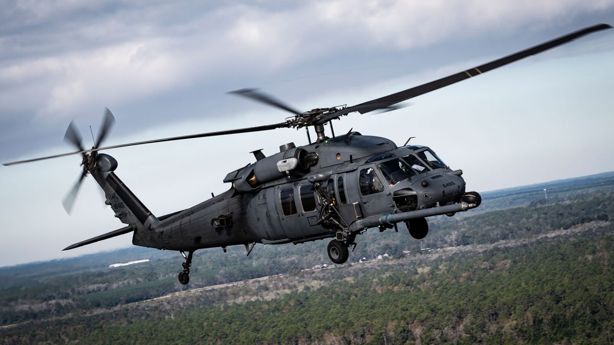An HH-60G Pave Hawk helicopter from the 41st Rescue Squadron participates in a 2019 open house combat search and rescue demonstration at Moody Air Force Base, Ga.