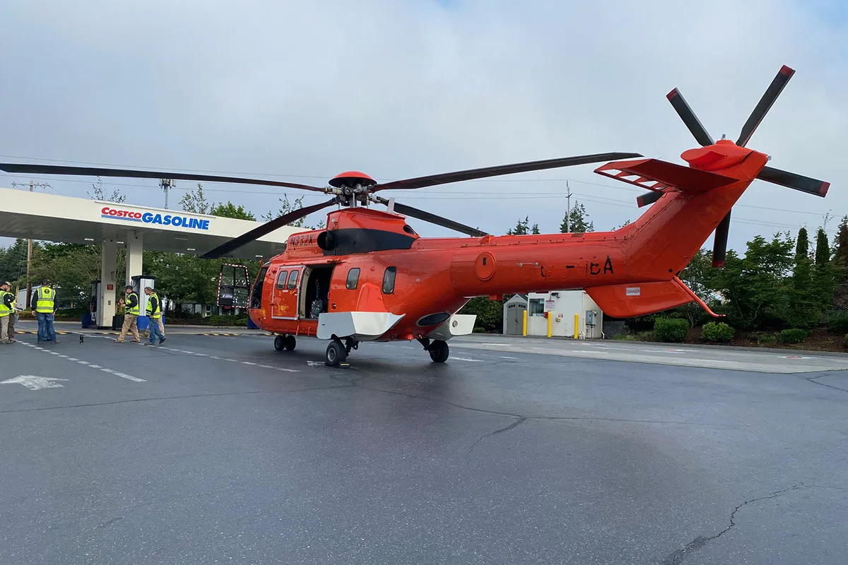 The Eurocopter AS332 Super Puma at the Costco in Lynnwood Washington Helicopter HVAC Lift
