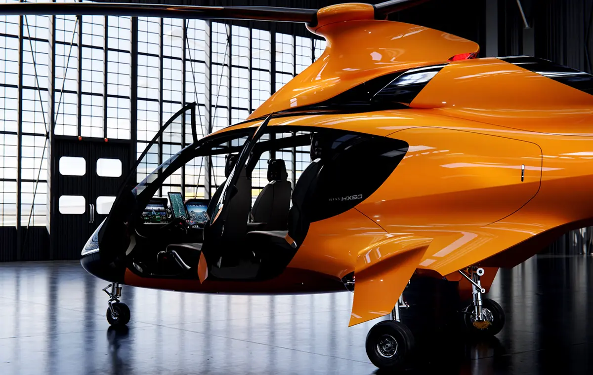 Sleek HC50 Helicopter in Fair Lifts' signature orange color, showcasing the helicopter's modern design and aligning with the corporate identity.