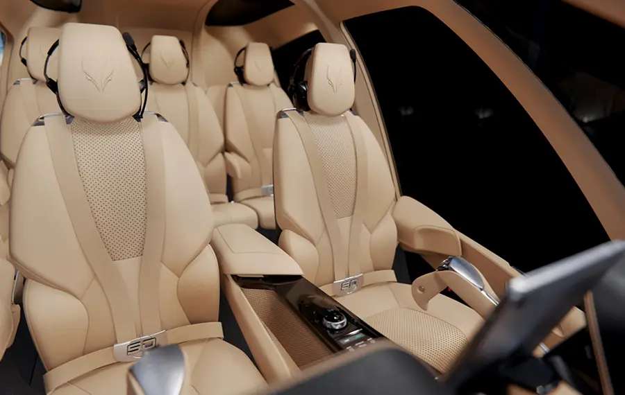 Luxurious and spacious interior of the HC50 Helicopter, featuring high-quality materials, comfortable seating, and advanced entertainment systems.