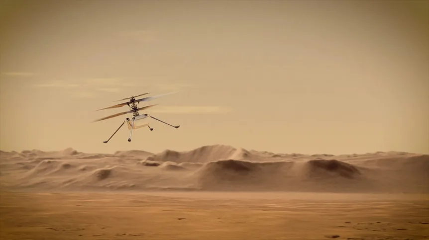 NASA's Ingenuity Helicopter in flight above the Martian surface, showcasing its advanced aerospace design against the backdrop of the Red Planet's terrain.
