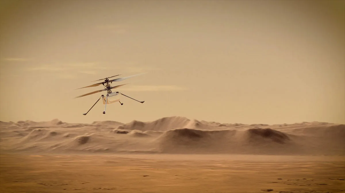 NASA's Ingenuity Helicopter in flight above the Martian surface, showcasing its advanced aerospace design against the backdrop of the Red Planet's terrain.