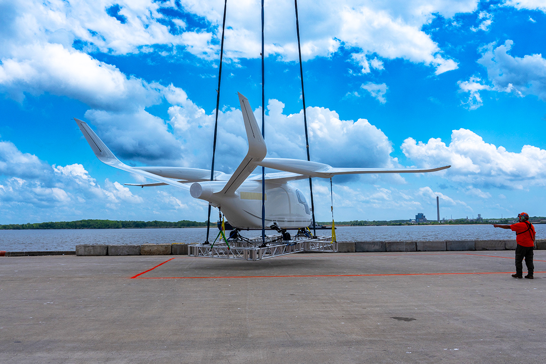 Beta Technologies' ALIA CX300 electric aircraft arrival at the port.
