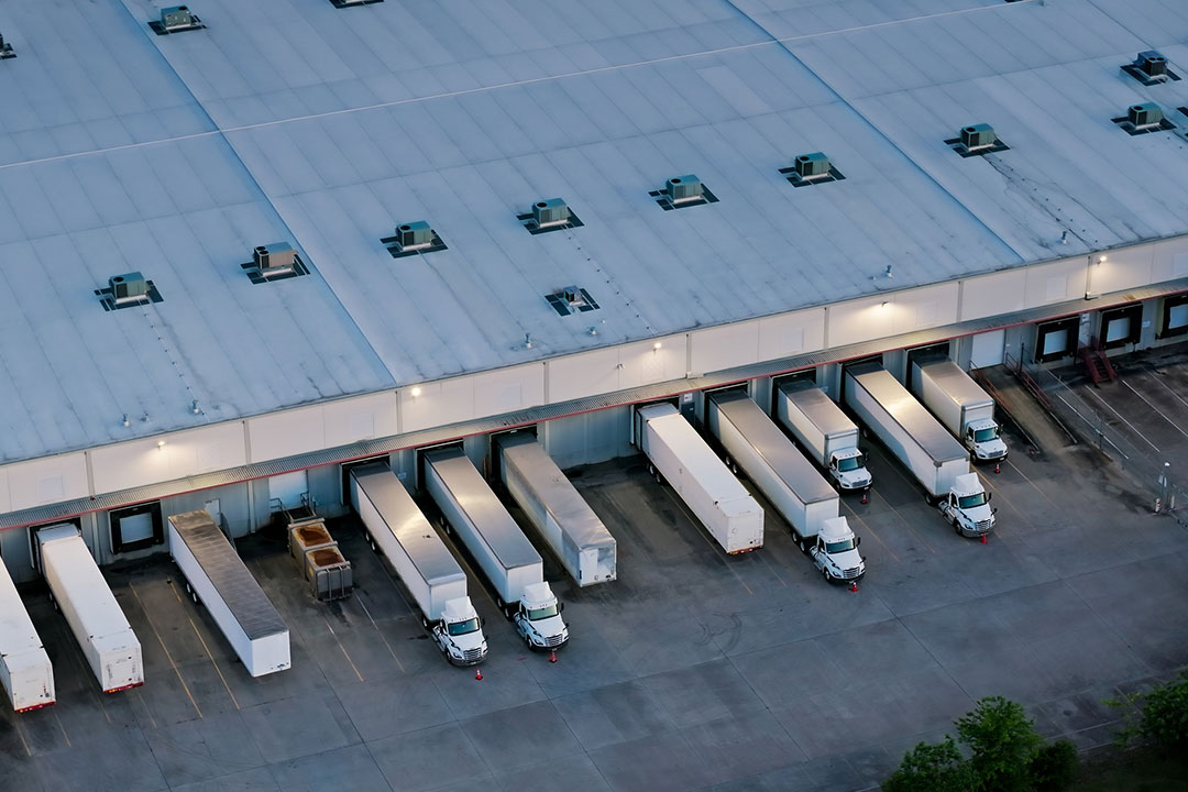 Aerial view of a warehouse distribution center.