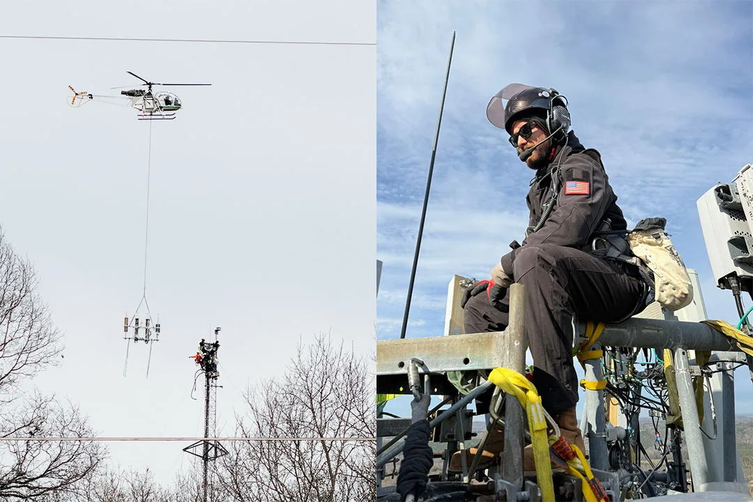tower technician coordinates placement of antenna equipment during a helicopter telecom tower installation, highlighting close air to ground teamwork and safety focused execution.