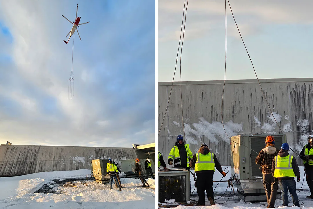 Split screen showing a Sikorsky S-61N helicopter hovering over a New Jersey rooftop while the ground crew manages rigging lines.