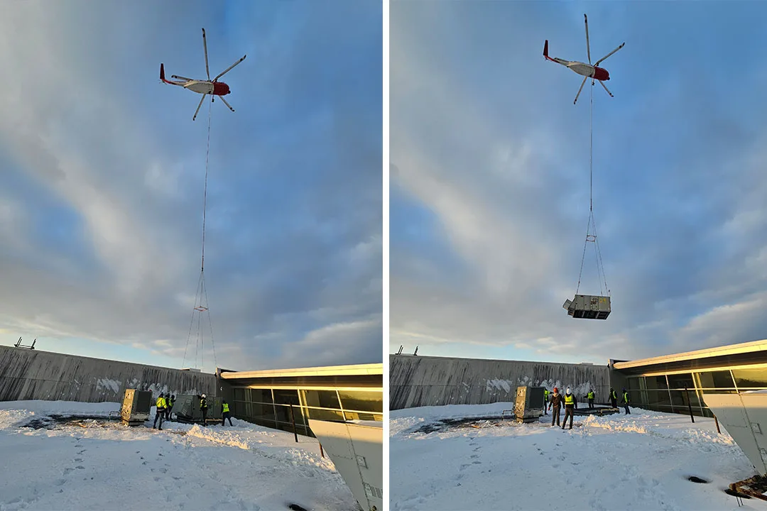 Comparison shot of a heavy lift helicopter positioned over a rooftop unit and the subsequent vertical extraction of the HVAC system.