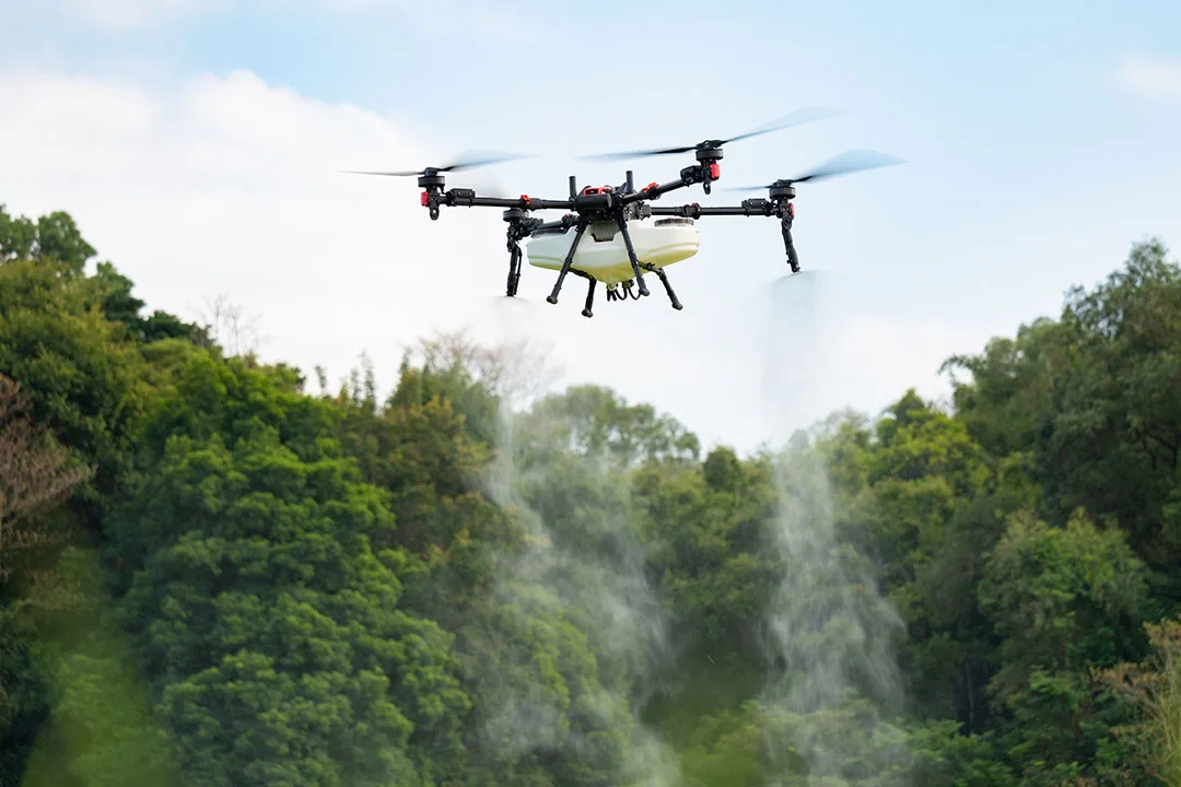 A XAG P150 MAX agricultural drone releasing its liquid spray. | Photo: xa.com