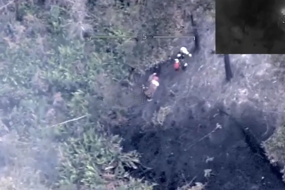 Aerial surveillance footage showing a rescue specialist leading a woman across charred terrain during a helicopter bushfire rescue in Tasmania.