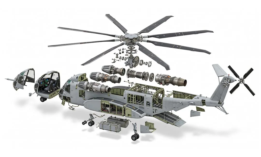 Sikorsky CH-53K King Stallion heavy-lift helicopter, all components separated