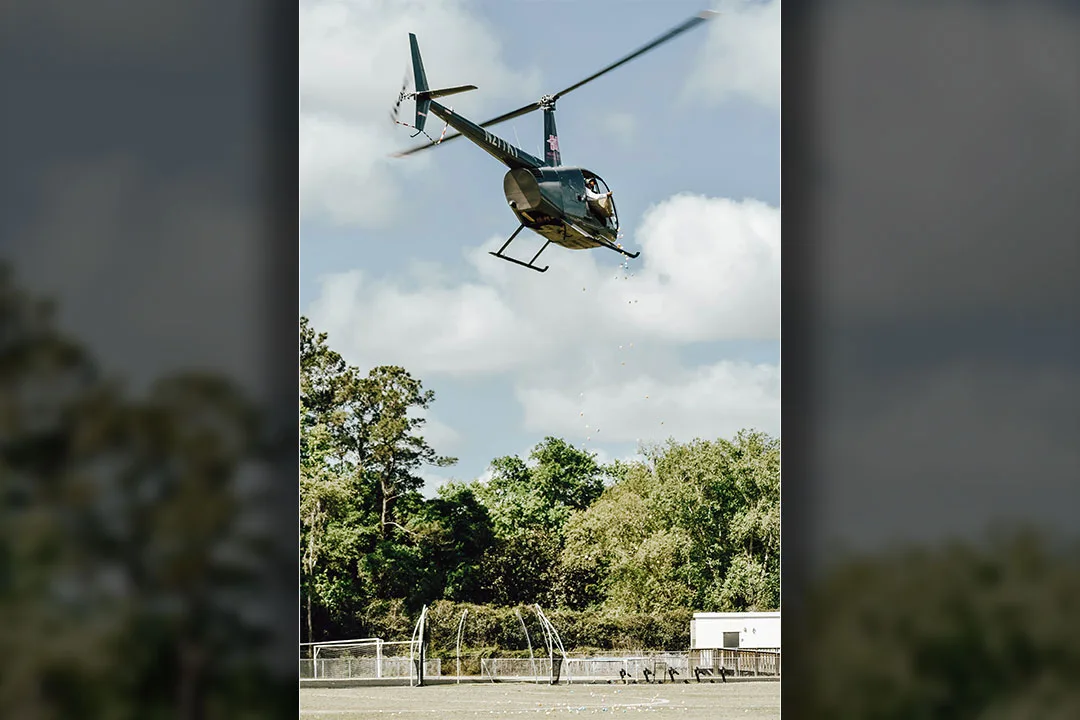 The Robinson R44, mid egg drop.