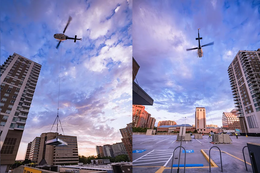 A composite view tracks the seamless sequence of moving equipment between the rooftop and the ground staging deck. | Photo: Damon Bowe