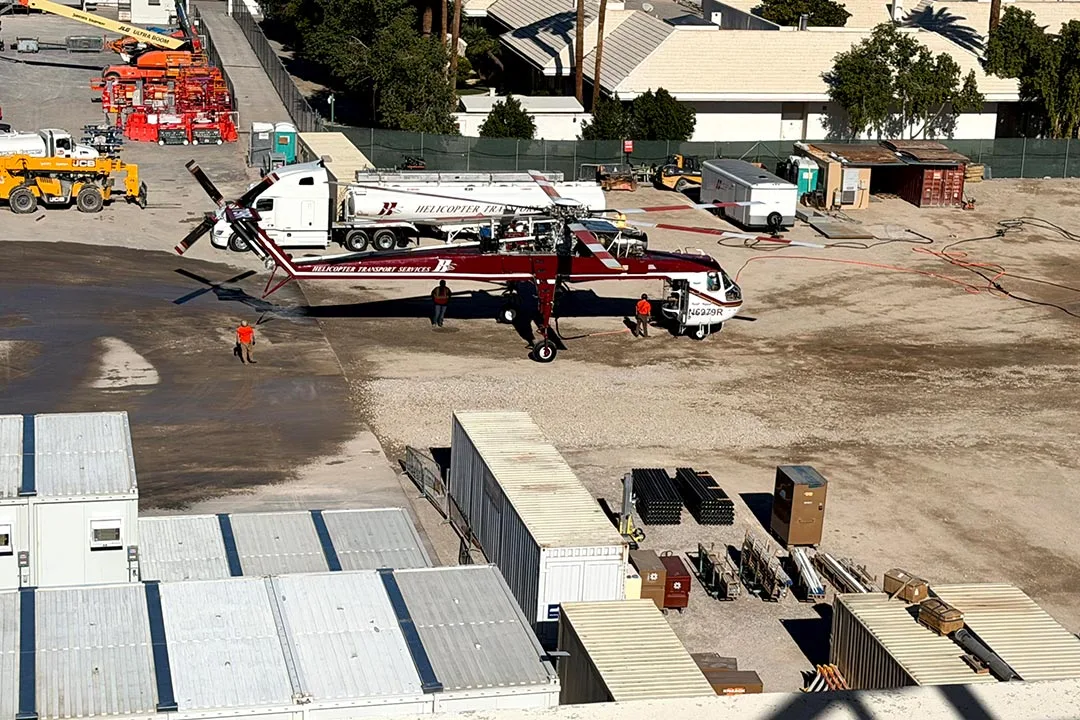 The Sikorsky S-64E Skycrane staged before rooftop air handling unit installation at the future Hard Rock Hotel & Casino in Las Vegas.