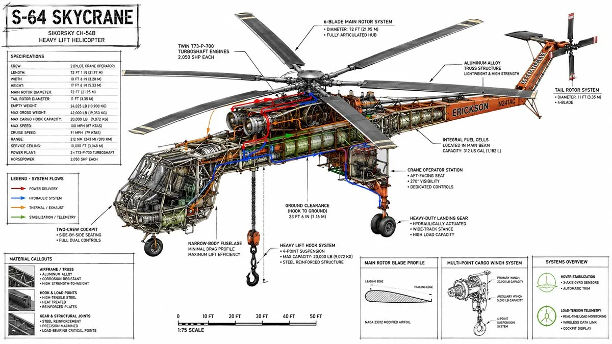 Technical cutaway infographic of a Sikorsky S-64 Skycrane helicopter highlighting its heavy lift systems, internal structure, and engineering components.
