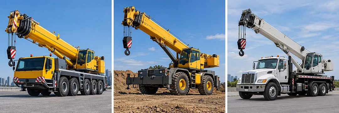 Side-by-side comparison of an all-terrain crane, rough-terrain crane, and truck-mounted crane.
