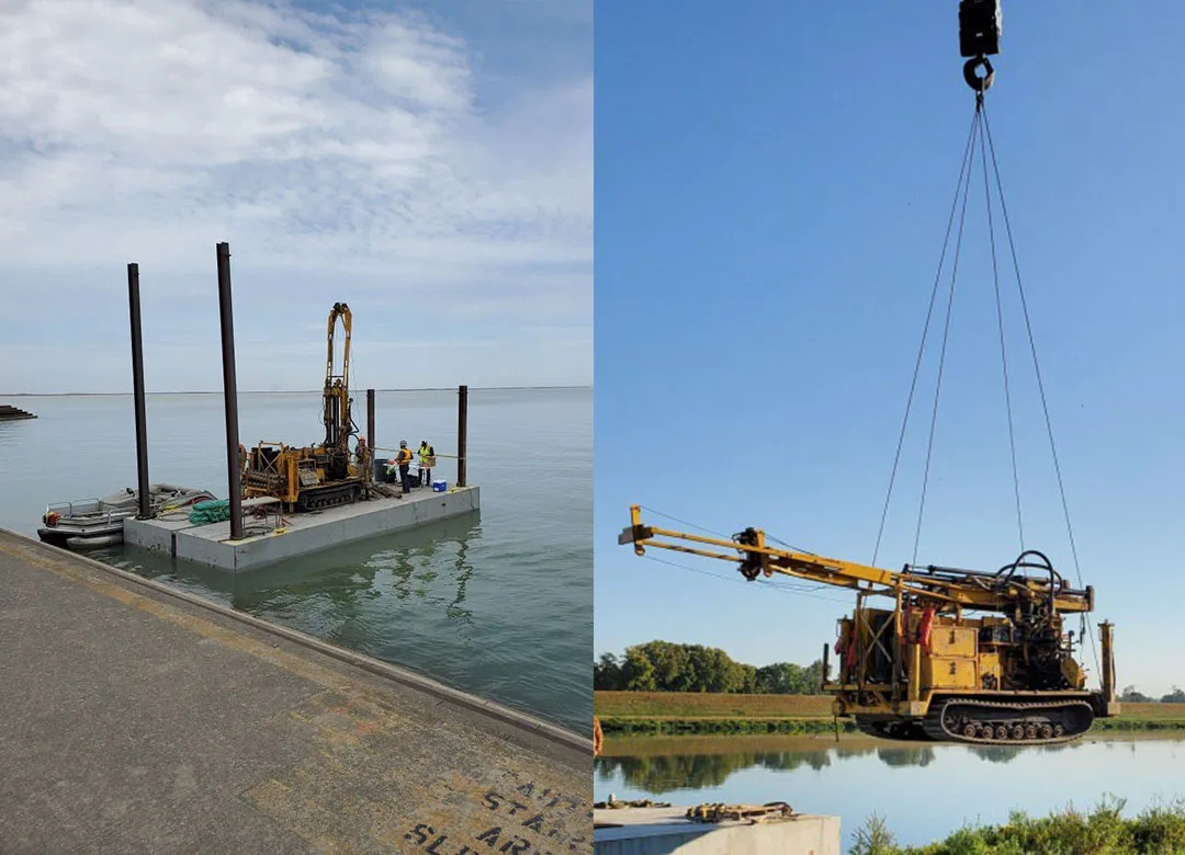 Construction equipment staged for a helicopter lift, with an aerial view of a helicopter transporting a suspended load.