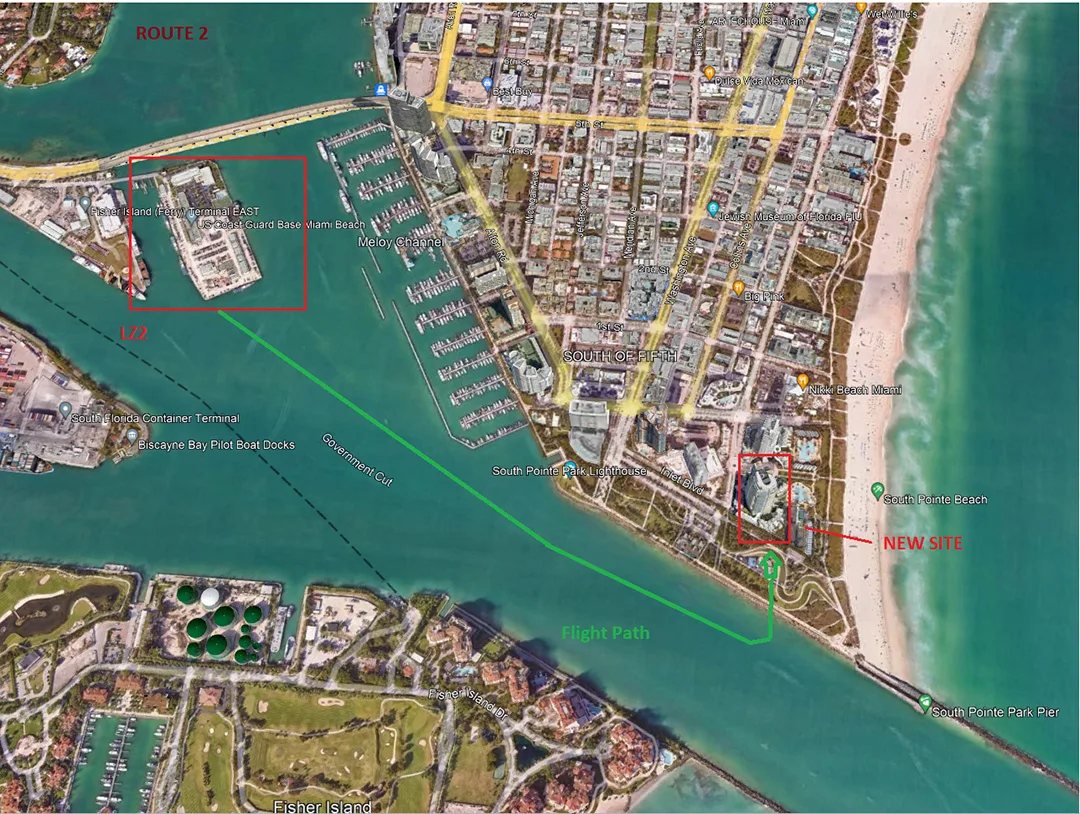 Aerial site map showing coastal buildings, waterways, and surrounding infrastructure for helicopter lift planning.